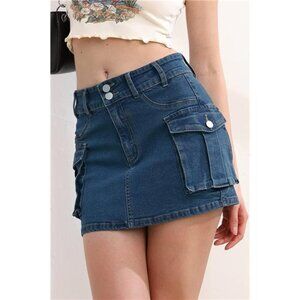Y2K Dark Wash Cargo Denim Mini Skirt Low Waist Extra Short Bodycon‎ Skirt